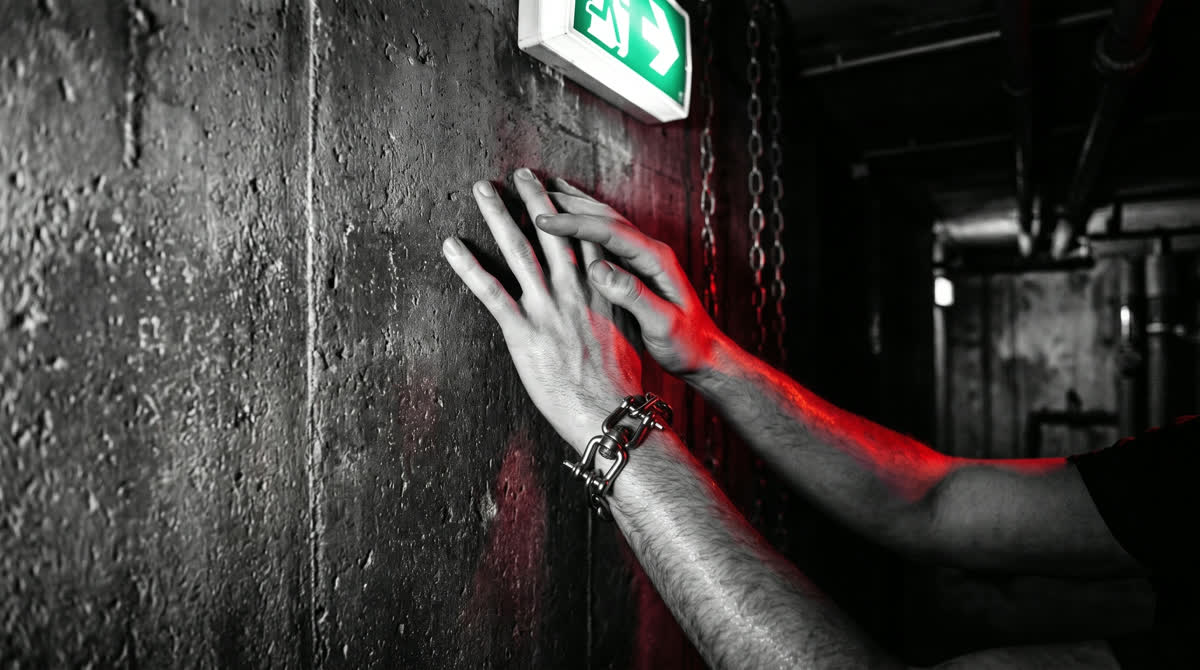 KI-generiertes Motiv: Hand mit Kettenarmband an einer Betonwand, rotes Licht von der Seite